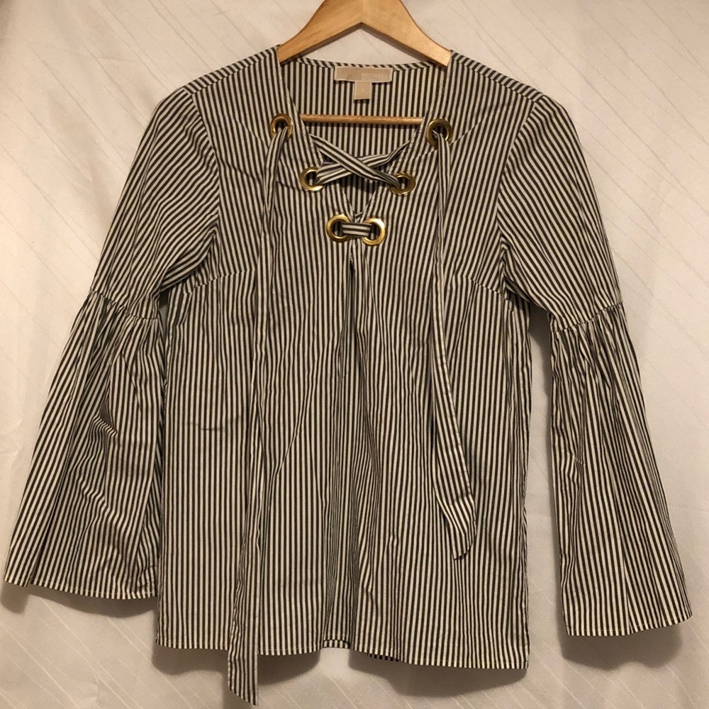 Michael Kors Gray and White Striped Lace-Up Top with Gold Eyelets